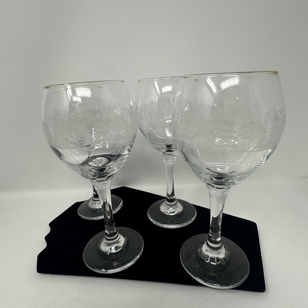 Libbey/Arby's Wine Glass Set 4 Gold Rim Winter Frosted Etched Trees Christmas